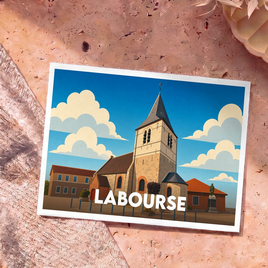 Carte postale souvenir de la ville de Labourse avec une illustration stylisée de son église.
