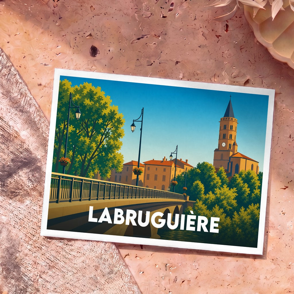 Carte postale souvenir de la ville de Labruguière avec une illustration stylisée d'un pont et de son église.