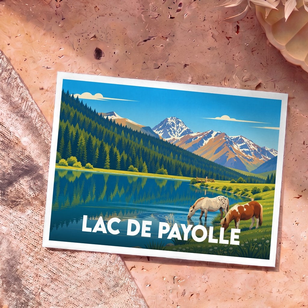 Carte postale souvenir du Lac de Payolle avec une illustration stylisée de montagnes, d'une forêt et de chevaux au bord de l'eau.
