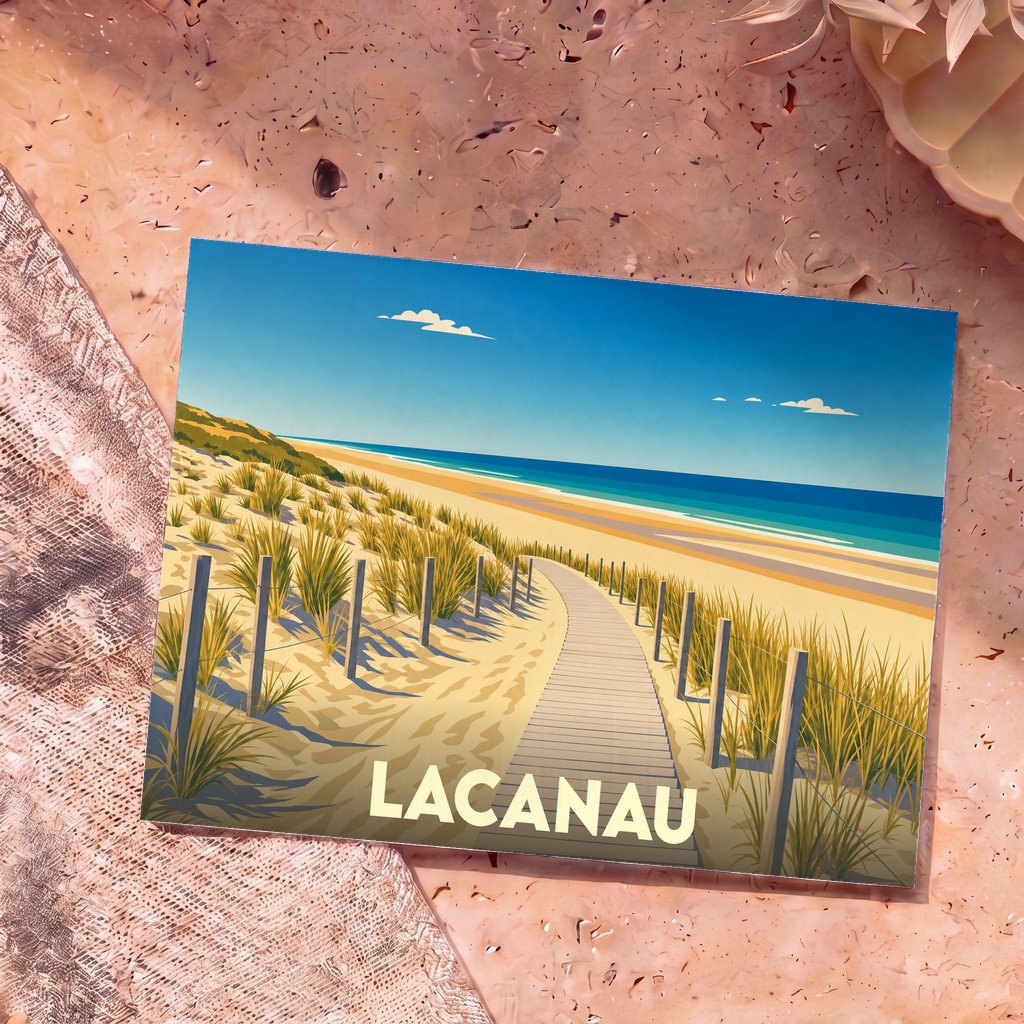 Carte postale souvenir de Lacanau avec une illustration stylisée d'un chemin en bois menant à la plage à travers les dunes.