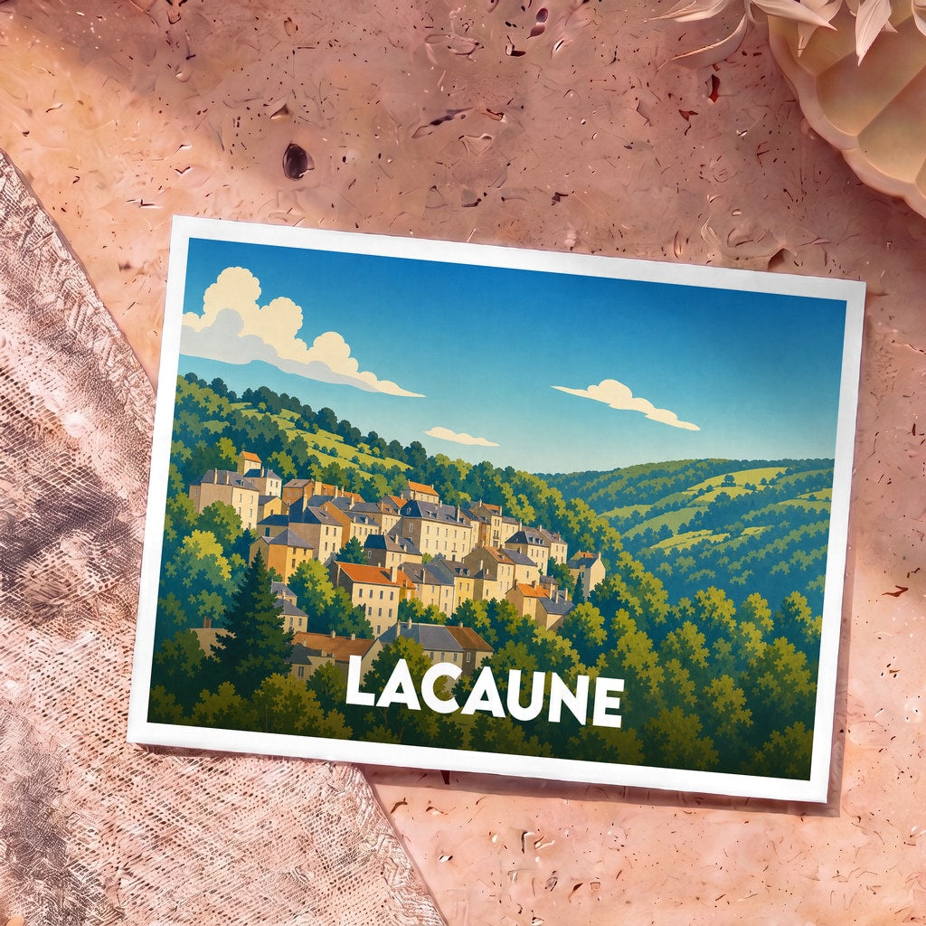 Carte postale souvenir de la ville de Lacaune avec une illustration stylisée de son village vallonné.