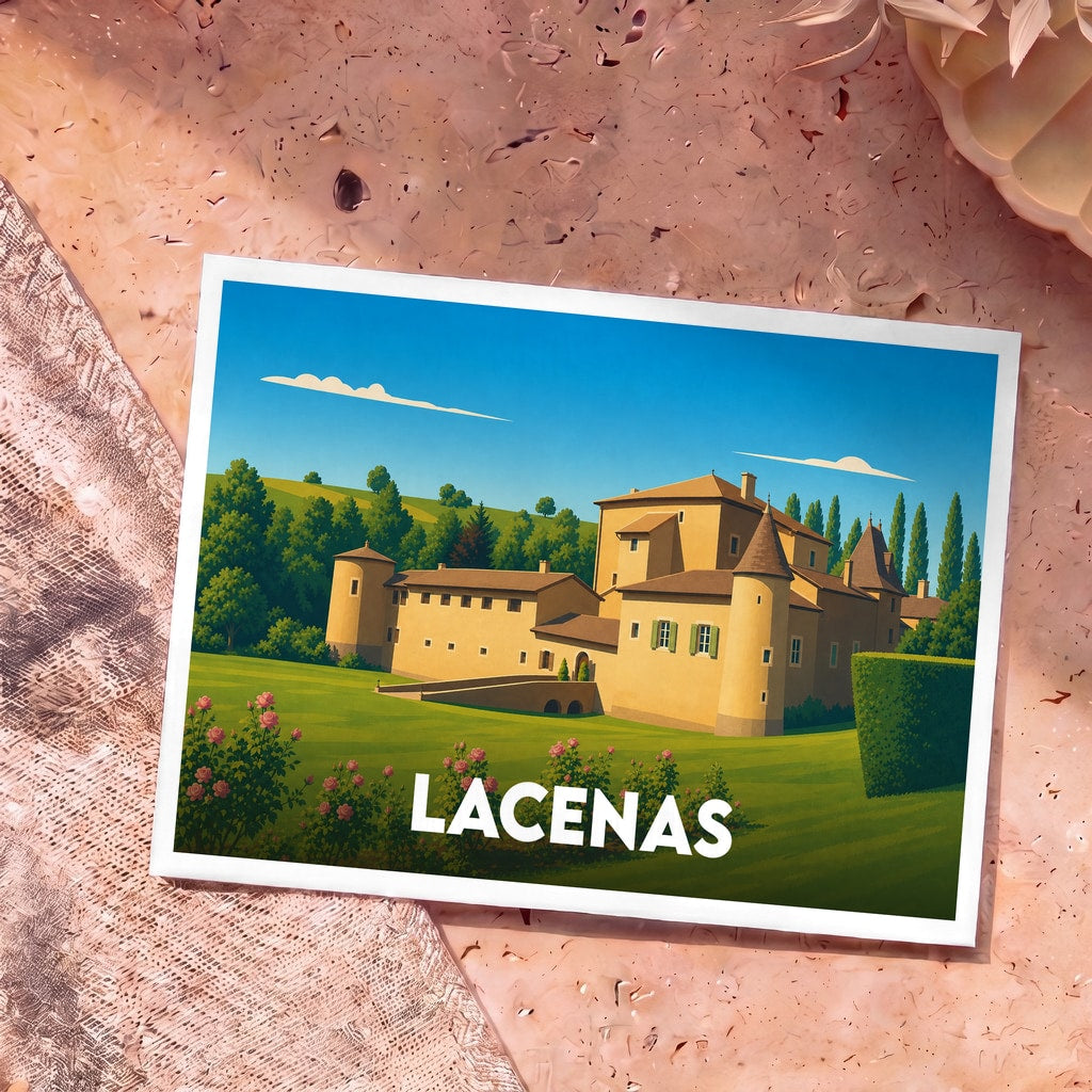 Carte postale souvenir de la ville de Lacenas illustrant un château entouré de verdure dans un style graphique épuré.
