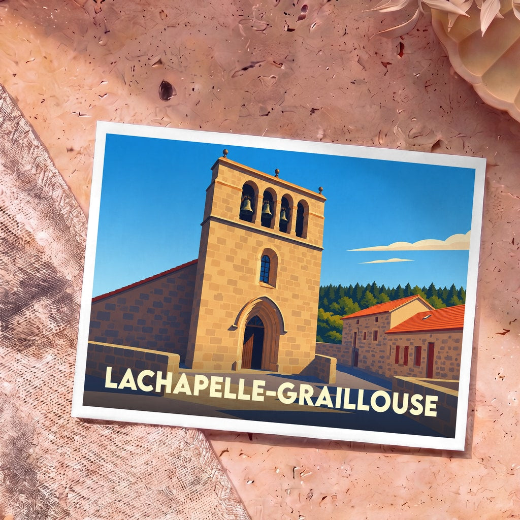Carte postale souvenir de la commune de Lachapelle-Graillouse avec une illustration stylisée de son église et de ses environs.