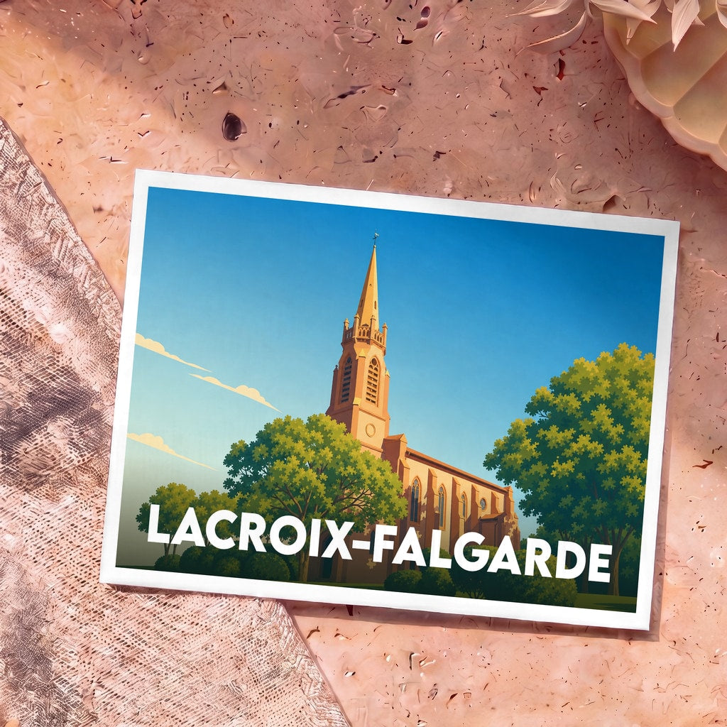 Carte postale souvenir de la ville de Lacroix-Falgarde avec une illustration stylisée d'une église et de son clocher entourés d'arbres.