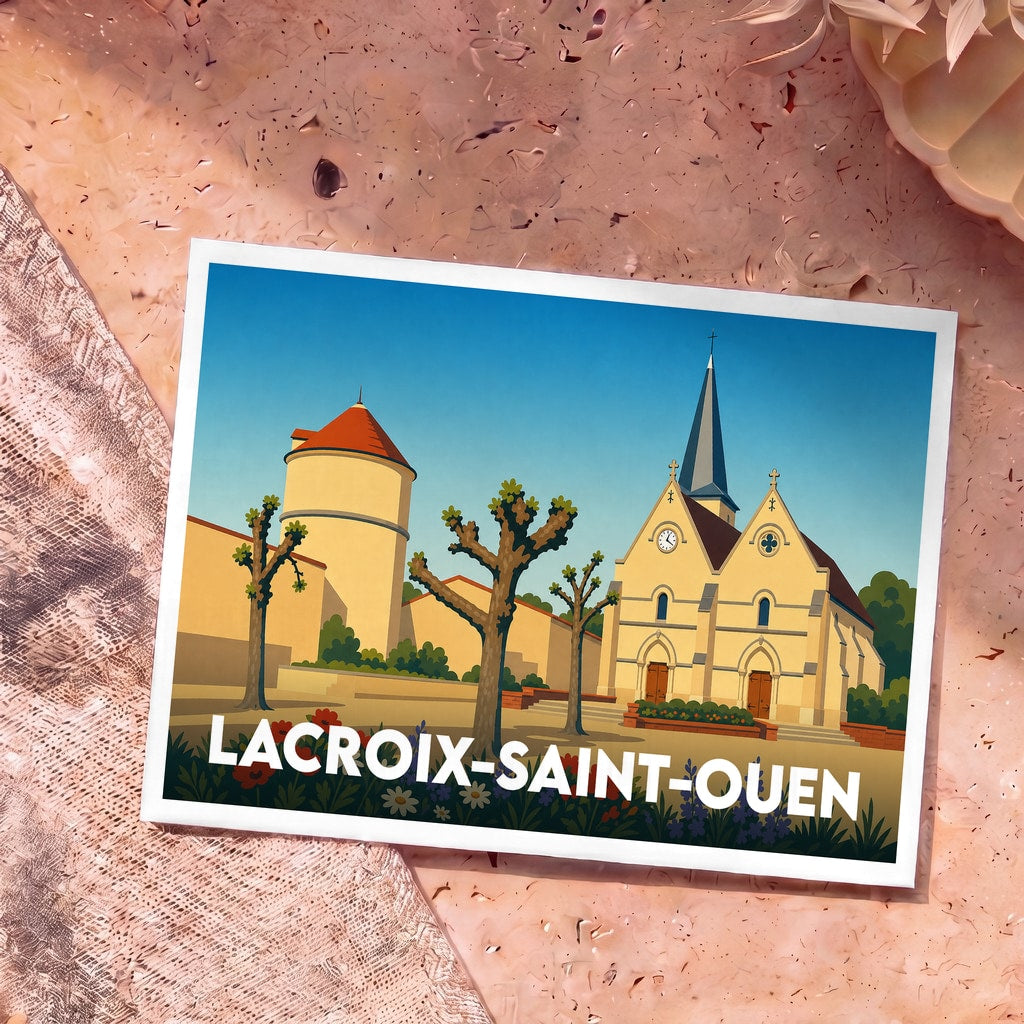 Carte postale souvenir de Lacroix-Saint-Ouen illustrant l'église et le château dans un style graphique épuré.