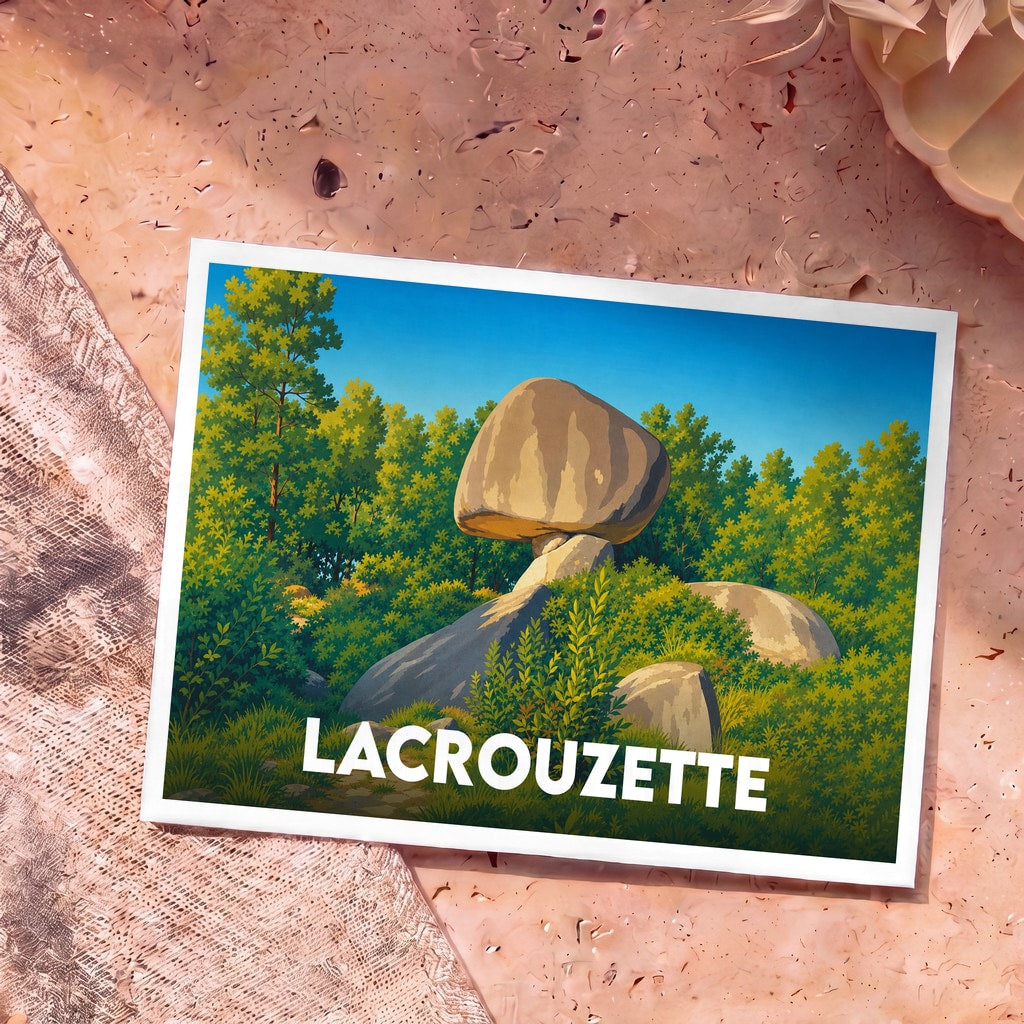 Carte postale souvenir de la ville de Lacrouzette illustrant le célèbre rocher de la Peyro Clabado dans un style graphique coloré.