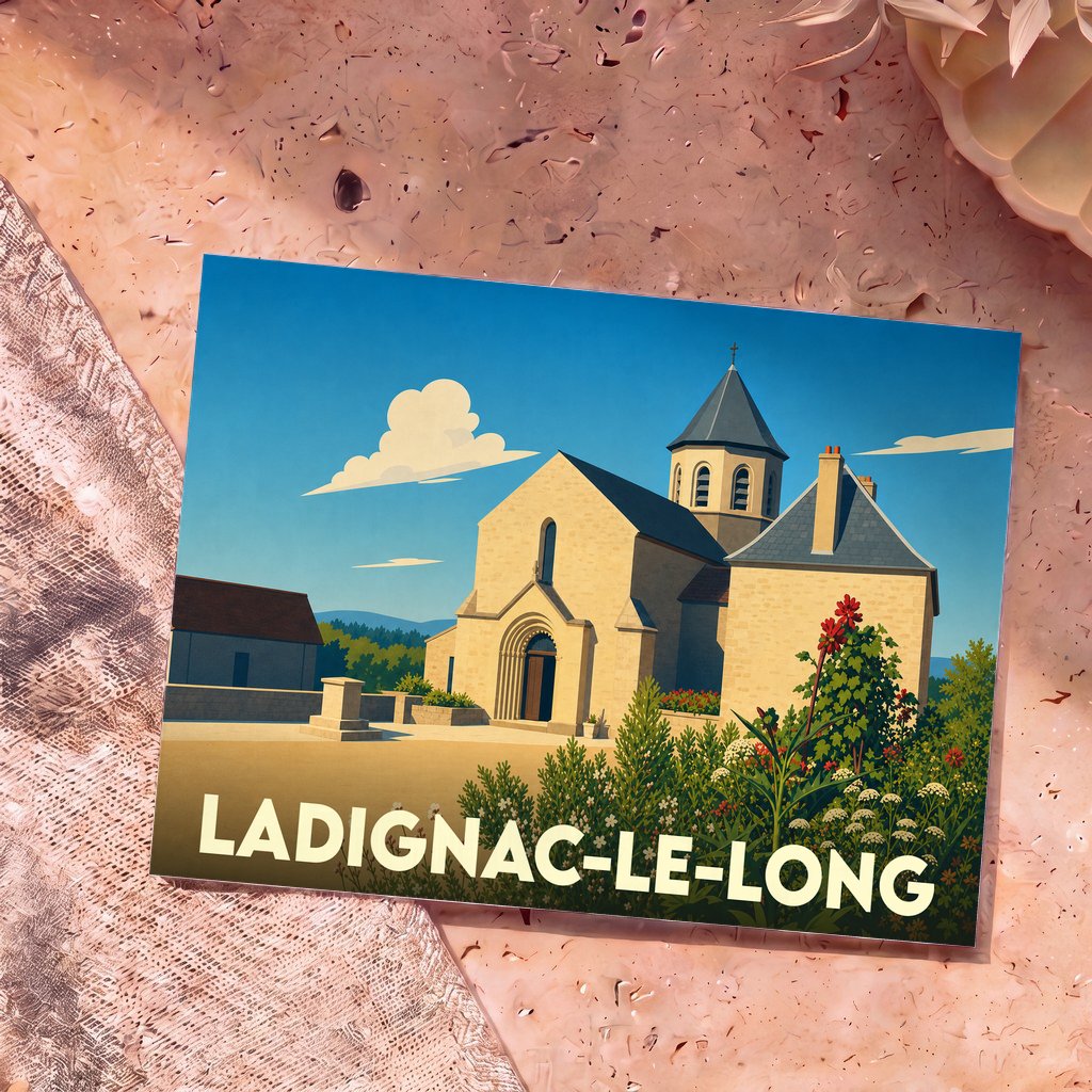 Carte postale souvenir de la ville de Ladignac-le-Long avec une illustration stylisée de son église.