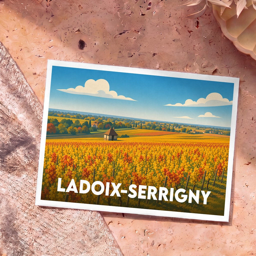 Carte postale souvenir de la ville de Ladoix-Serrigny avec une illustration stylisée de vignobles en automne.