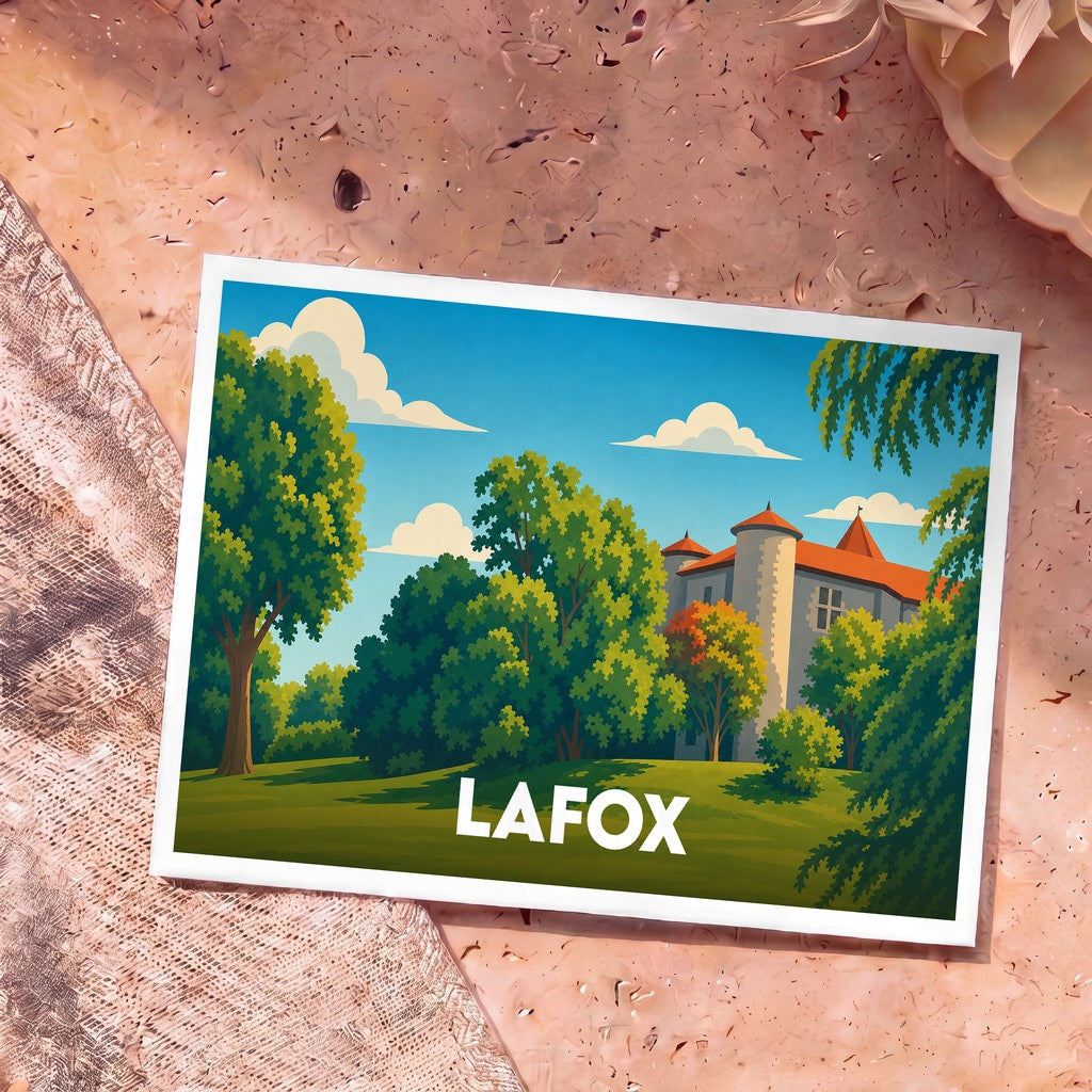 Carte postale souvenir de la ville de Lafox avec une illustration stylisée d'un château entouré de verdure.