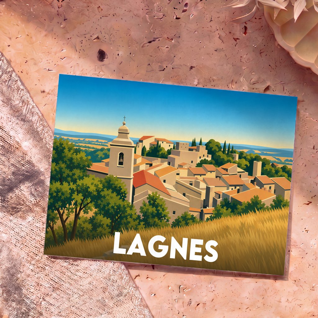 Carte postale souvenir de la ville de Lagnes avec une illustration stylisée et colorée.