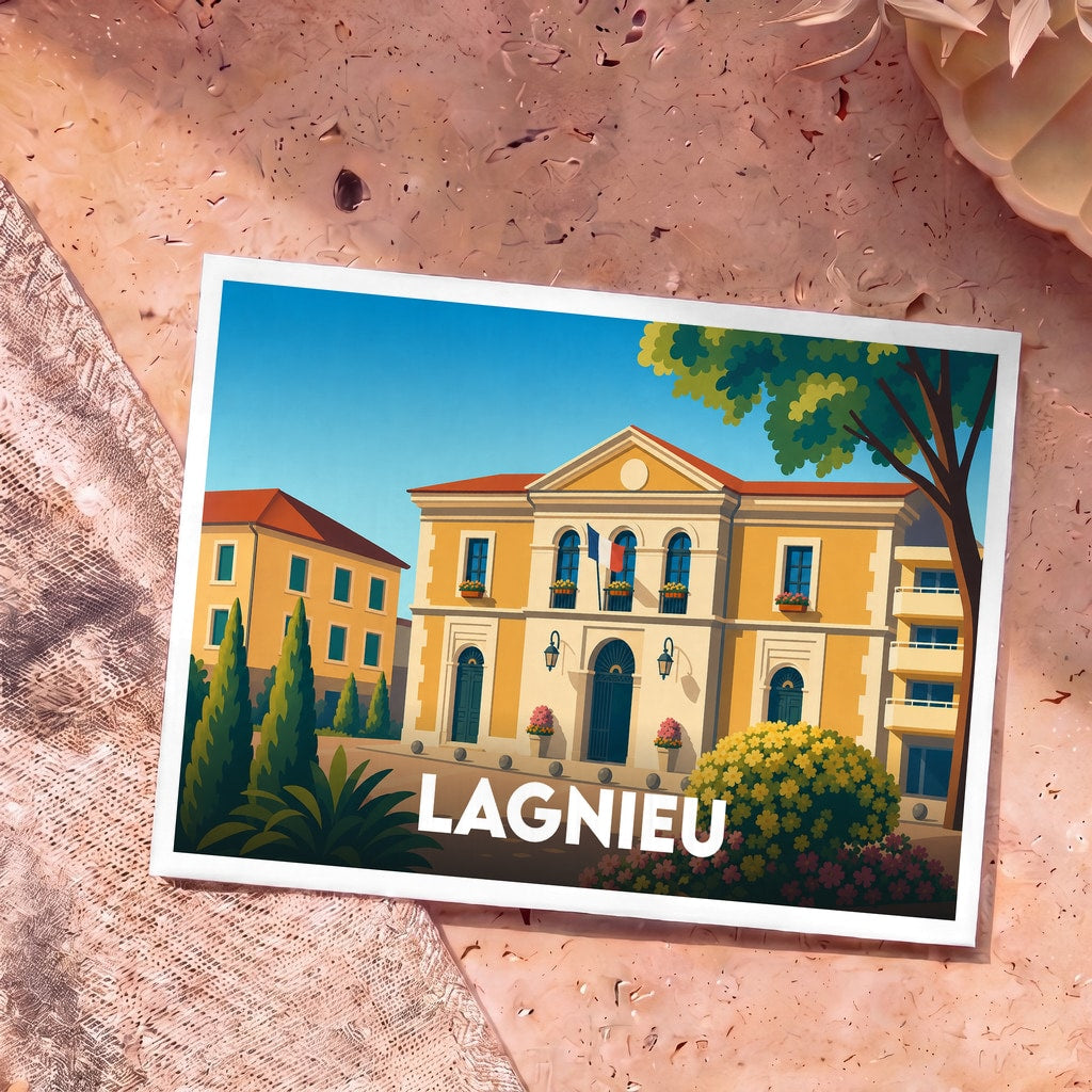 Carte postale souvenir de la ville de Lagnieu avec une illustration stylisée de son hôtel de ville.