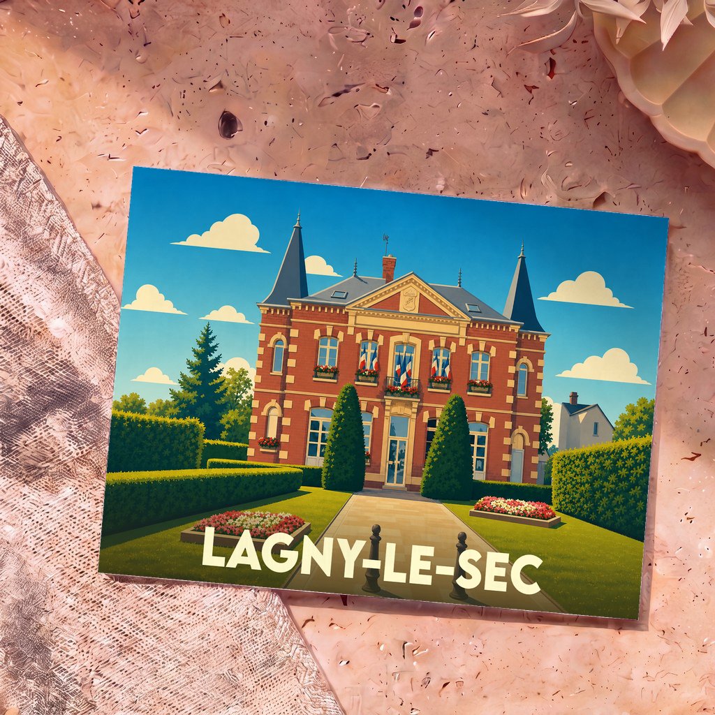 Carte postale souvenir de la ville de Lagny-le-Sec avec une illustration stylisée de sa mairie.
