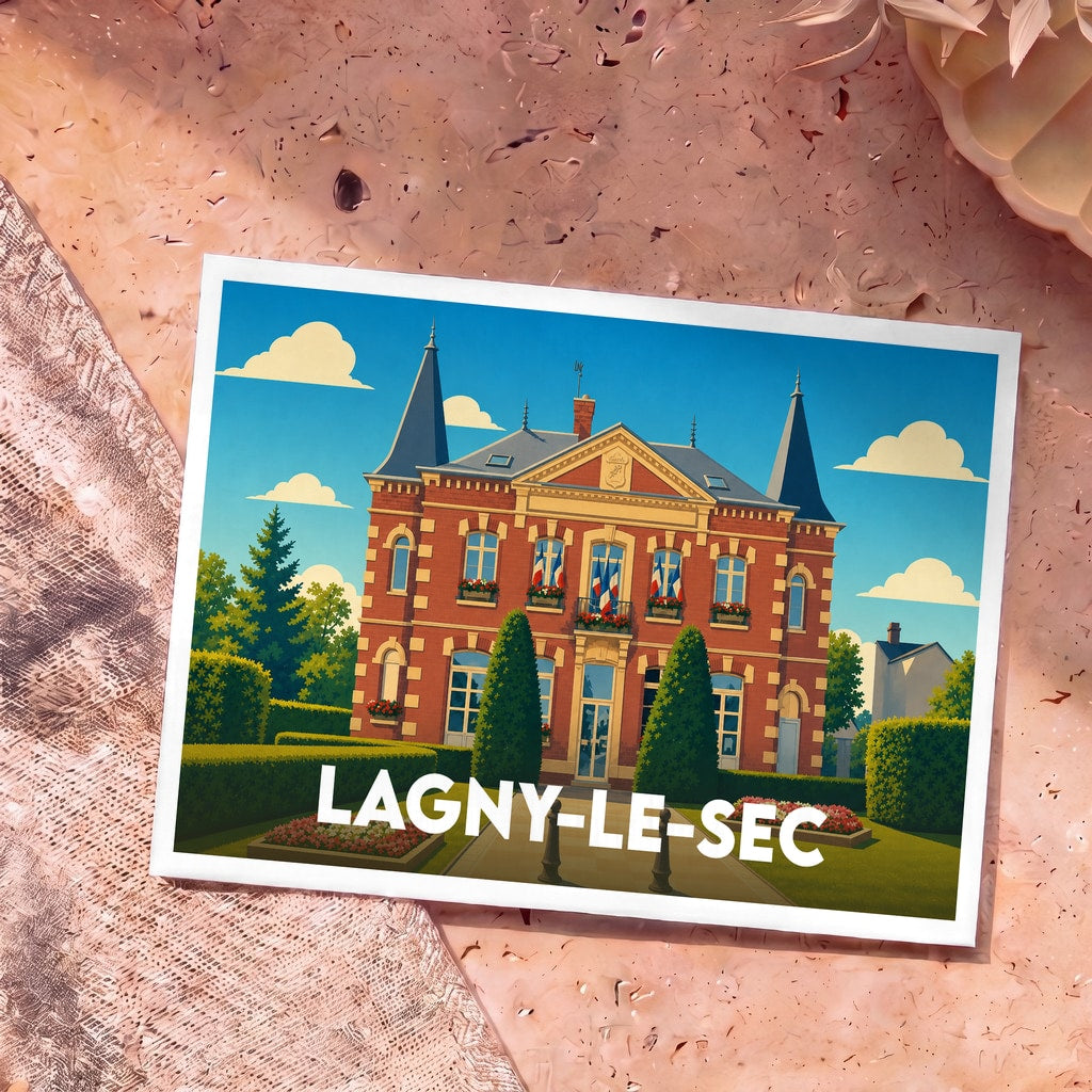 Carte postale souvenir de la ville de Lagny-le-Sec avec une illustration stylisée de sa mairie.