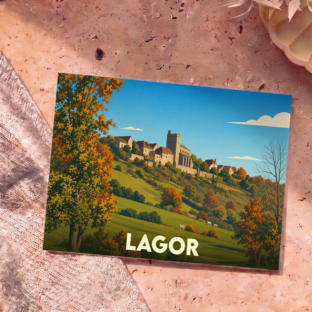 Carte postale souvenir de la ville de Lagor illustrant un paysage de campagne vallonné au style épuré.