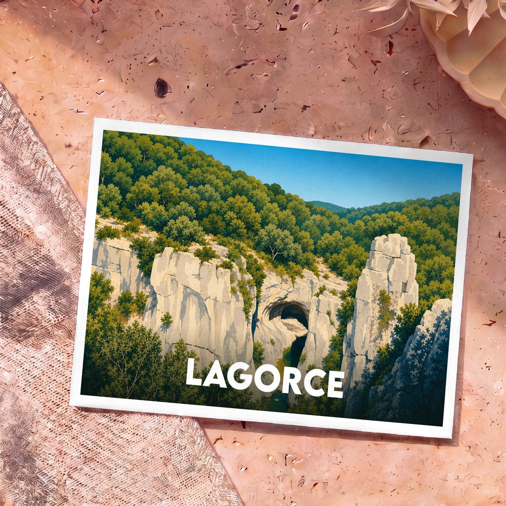 Carte postale souvenir de la ville de Lagorce illustrant un paysage rocheux et boisé typique de l'Ardèche.