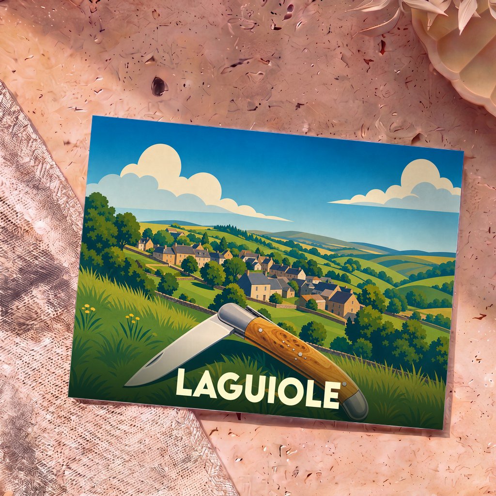Carte postale souvenir de la ville de Laguiole illustrant un couteau traditionnel devant un paysage vallonné.