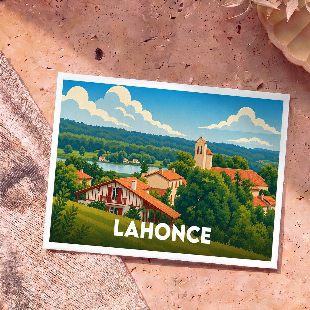 Carte postale souvenir de la ville de Lahonce avec une illustration stylisée de son paysage vallonné et de ses maisons typiques.