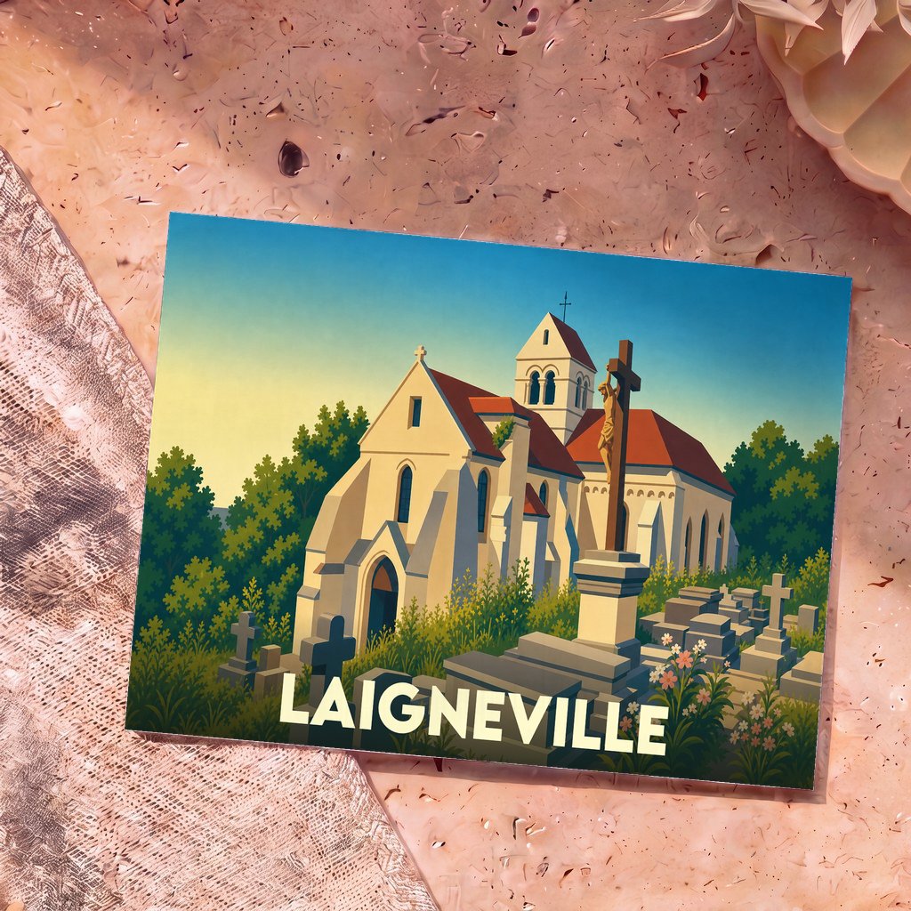 Carte postale souvenir de la ville de Laigneville illustrant son église et son cimetière dans un style graphique épuré.