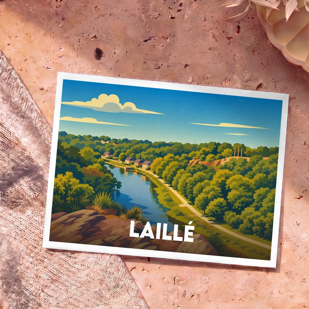 Carte postale souvenir de la ville de Laillé avec une illustration stylisée représentant un fleuve serpentant à travers une vallée boisée.