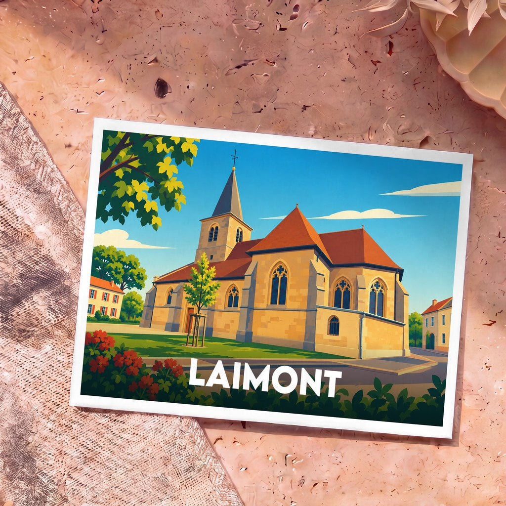 Carte postale souvenir de la ville de Laimont avec une illustration stylisée de son église sous un ciel bleu.