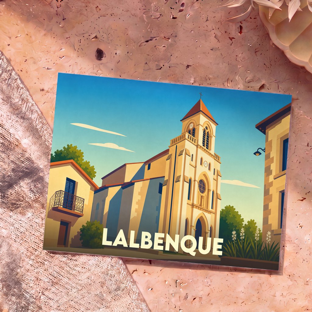Carte postale souvenir de la ville de Lalbenque avec une illustration stylisée de son église sous un ciel bleu.
