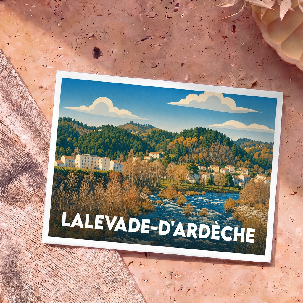 Carte postale souvenir de la ville de Lalevade-d'Ardèche avec une illustration stylisée d'un paysage de rivière et de collines.