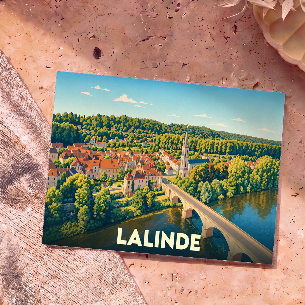 Carte postale souvenir de la ville de Lalinde avec une illustration stylisée d'un pont enjambant une rivière.