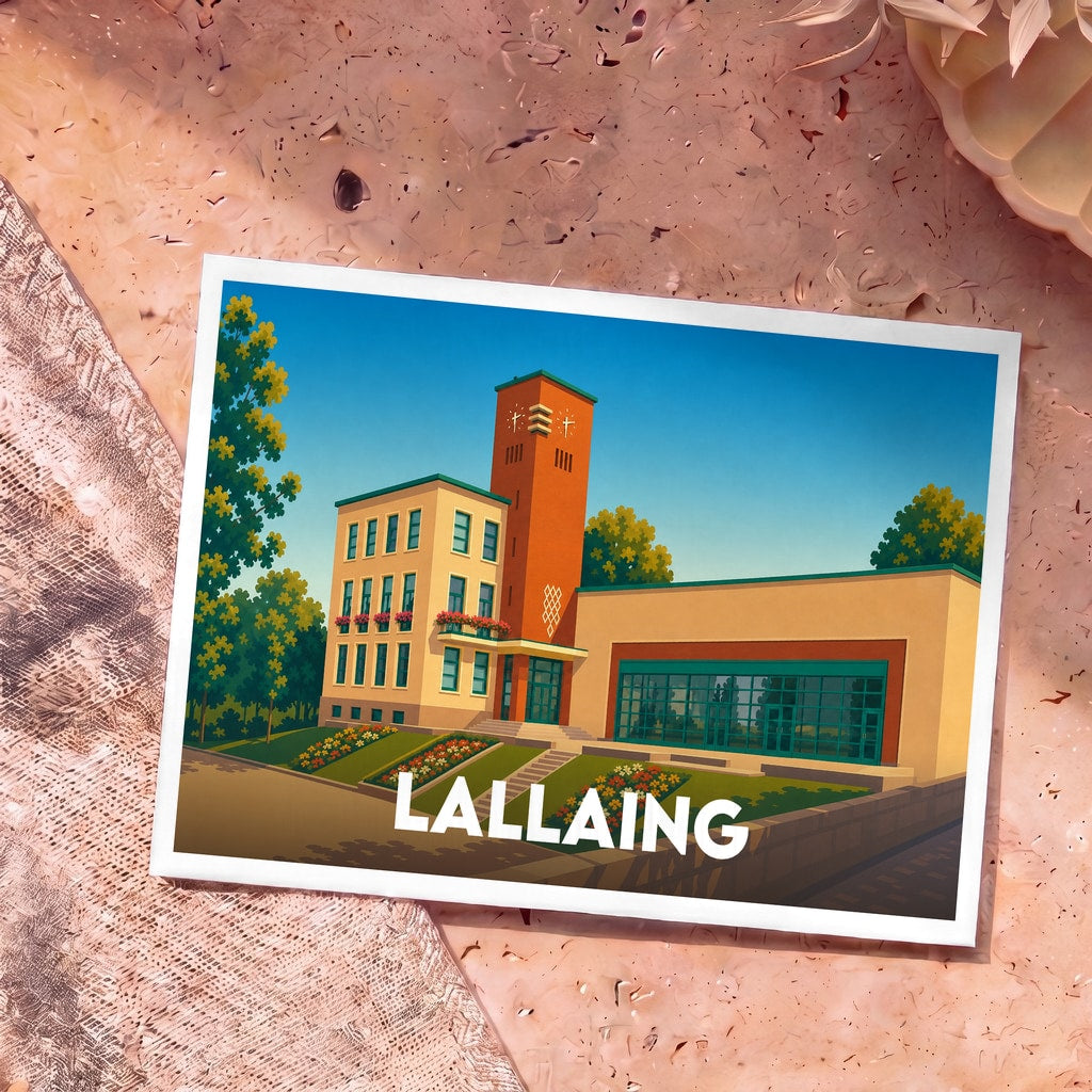 Carte postale souvenir de la ville de Lallaing avec une illustration stylisée de son architecture.