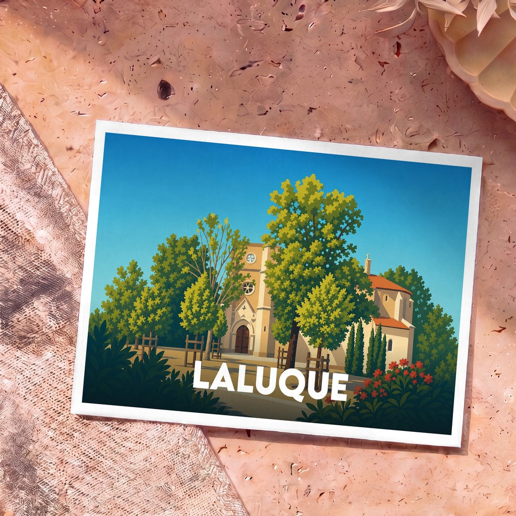 Carte postale souvenir de la ville de Laluque avec une illustration stylisée de son église entourée de verdure.