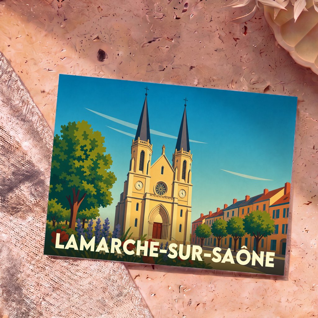 Carte postale souvenir de la ville de Lamarche-sur-Saône avec une illustration stylisée de son église à deux clochers.