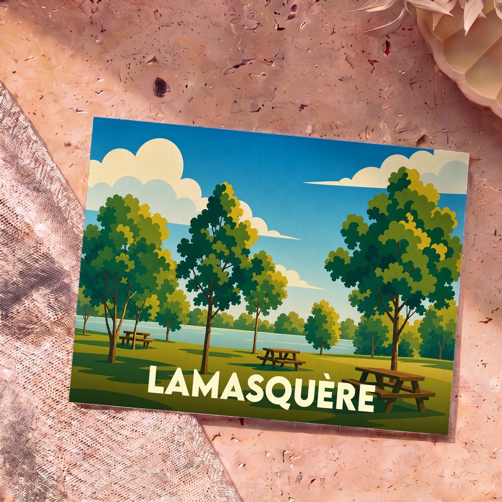Carte postale souvenir de la ville de Lamasquère avec une illustration stylisée d'un parc arboré au bord de l'eau.