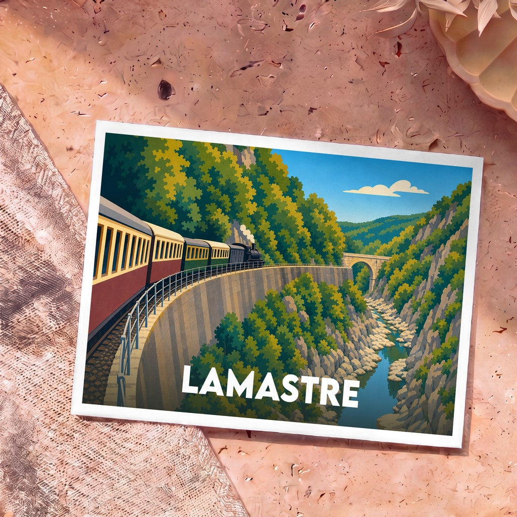 Carte postale souvenir de la ville de Lamastre illustrant un train à vapeur circulant dans les gorges verdoyantes de l'Ardèche.
