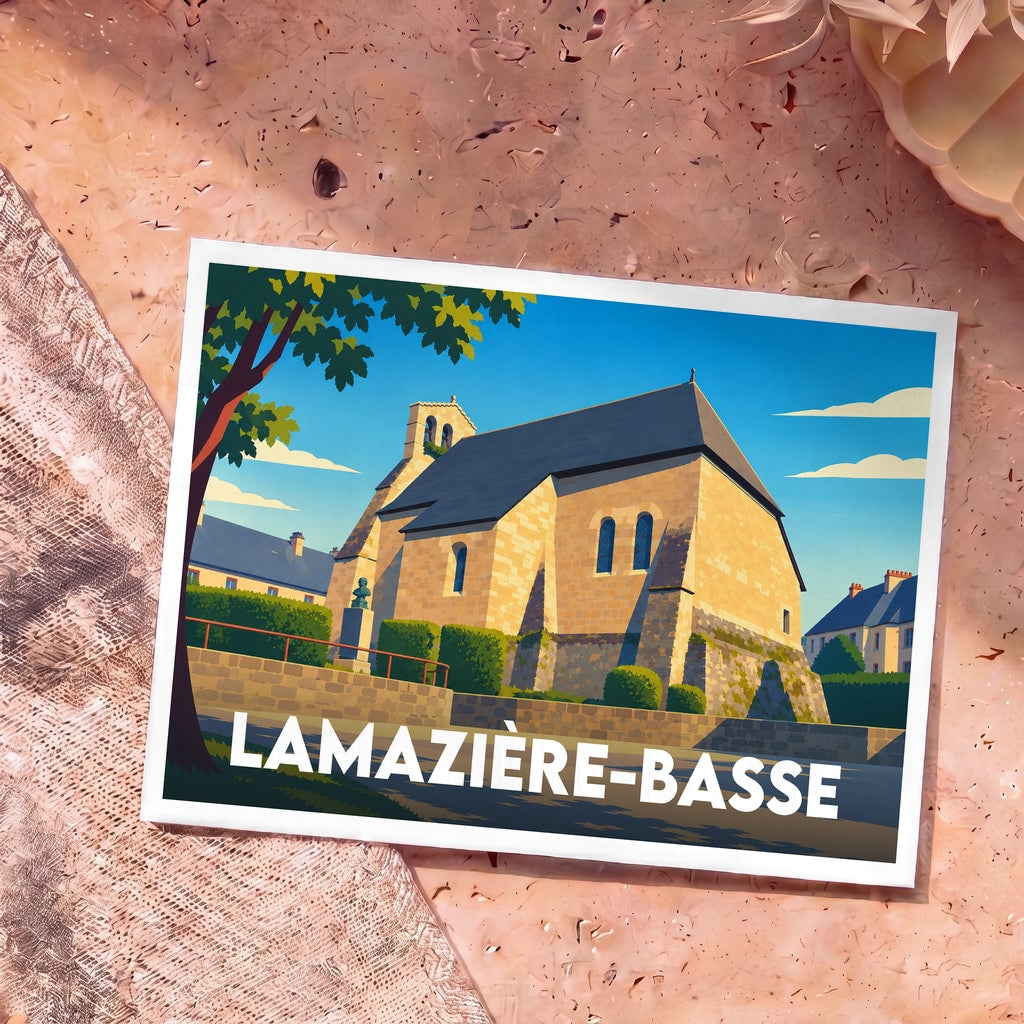 Carte postale souvenir de la ville de Lamazière-Basse illustrant son église dans un style graphique épuré.