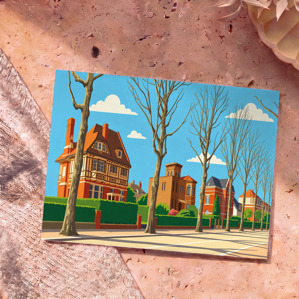 Carte postale souvenir de la ville de Lambersart illustrant ses célèbres villas de style anglo-normand dans un décor printanier.