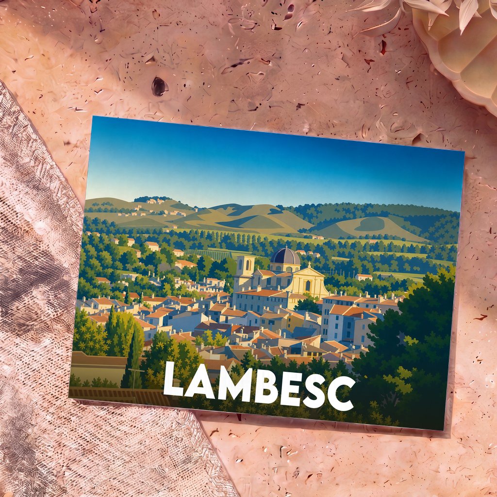 Carte postale souvenir de la ville de Lambesc avec une illustration stylisée et colorée.