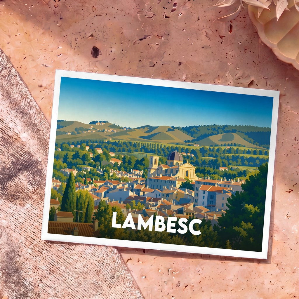 Carte postale souvenir de la ville de Lambesc avec une illustration stylisée et colorée.
