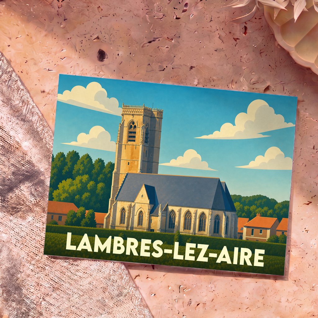 Carte postale souvenir de la ville de Lambres-lez-Aire avec une illustration stylisée de son église.