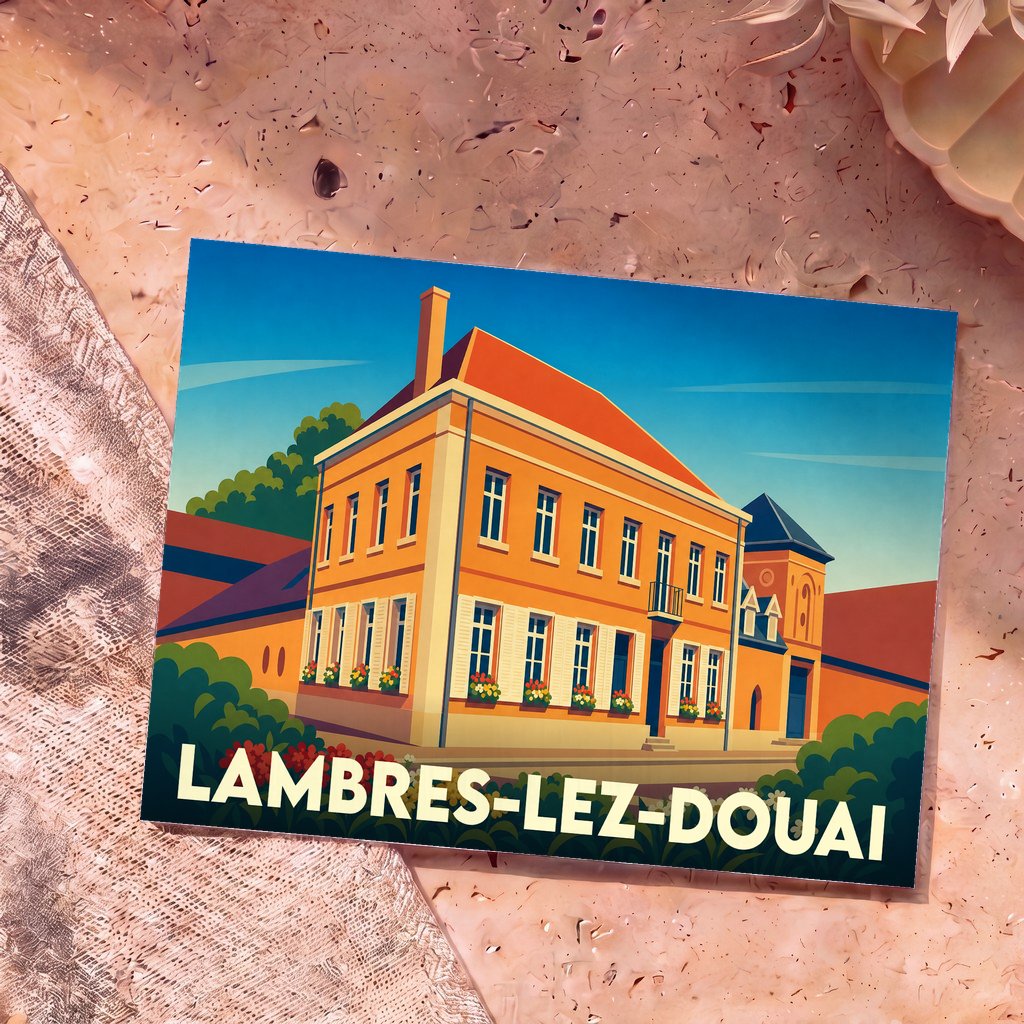 Carte postale souvenir de la ville de Lambres-lez-Douai avec une illustration stylisée d'un bâtiment historique.