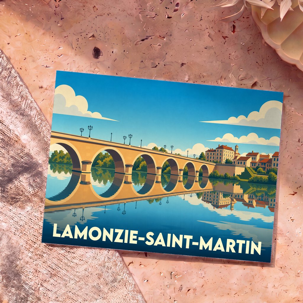 Carte postale souvenir de la ville de Lamonzie-Saint-Martin avec une illustration stylisée d'un pont en pierre.