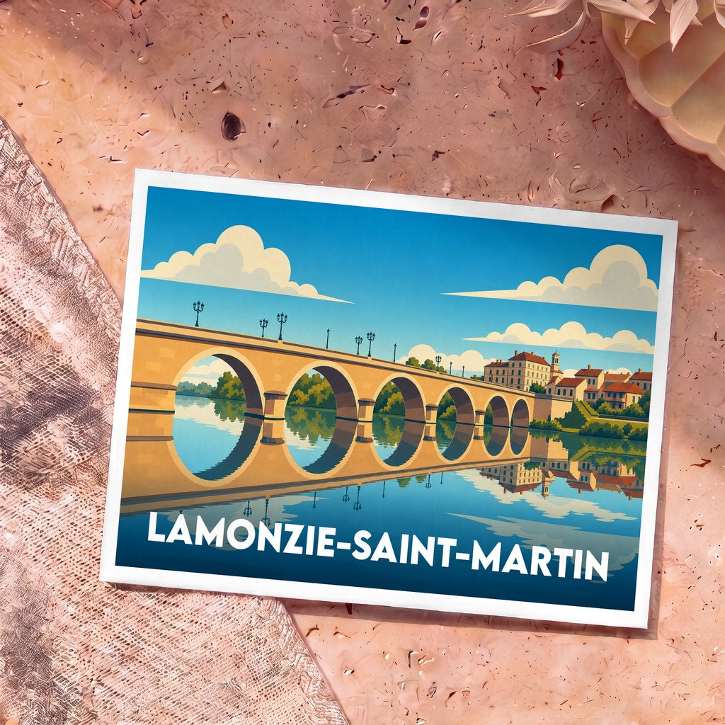 Carte postale souvenir de la ville de Lamonzie-Saint-Martin avec une illustration stylisée d'un pont en pierre.