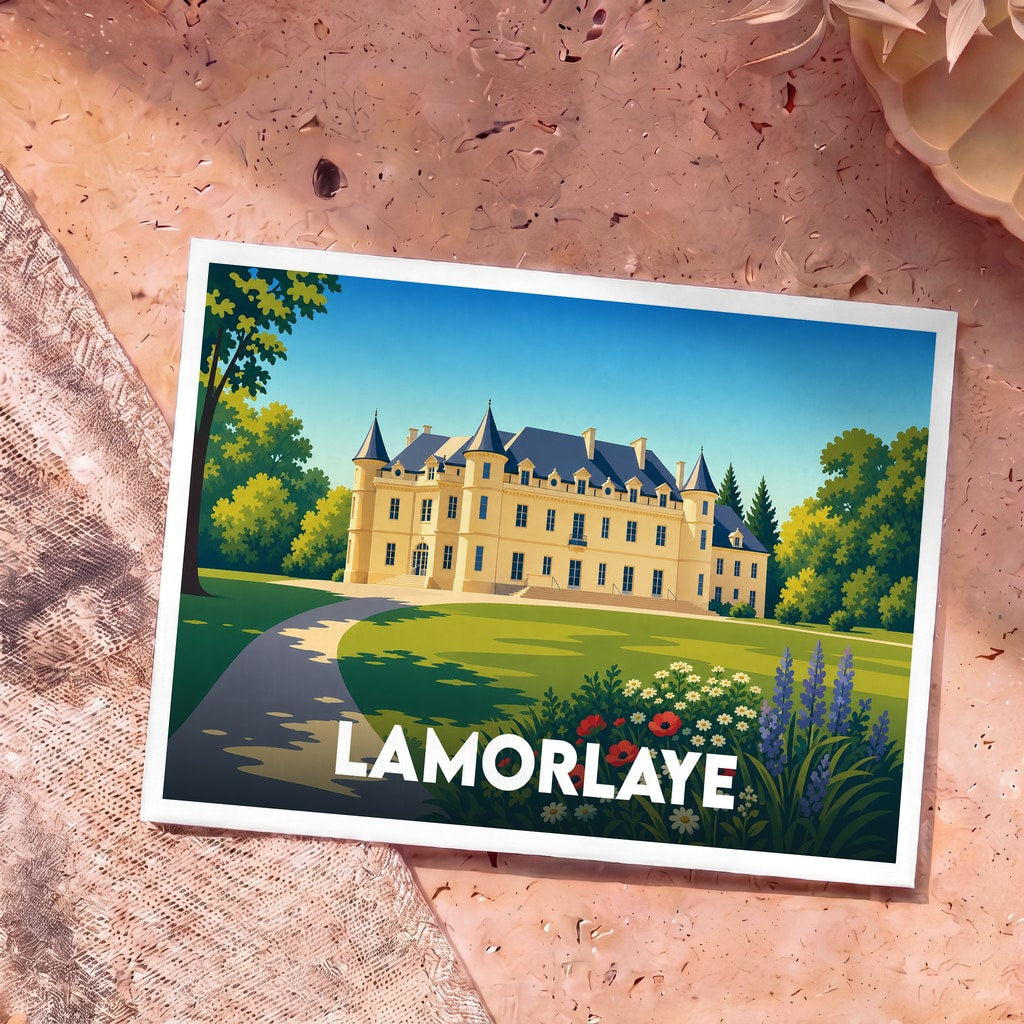 Carte postale souvenir de la ville de Lamorlaye avec une illustration stylisée d'un château entouré de jardins.