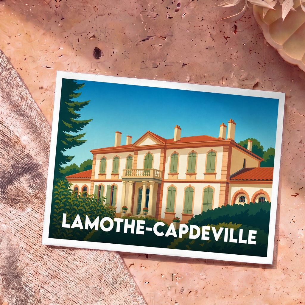 Carte postale souvenir de la ville de Lamothe-Capdeville avec une illustration stylisée d'une grande demeure bourgeoise.