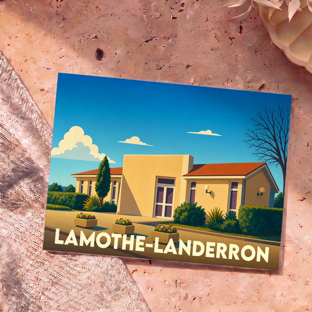 Carte postale souvenir de Lamothe-Landerron avec une illustration stylisée et colorée de la mairie.