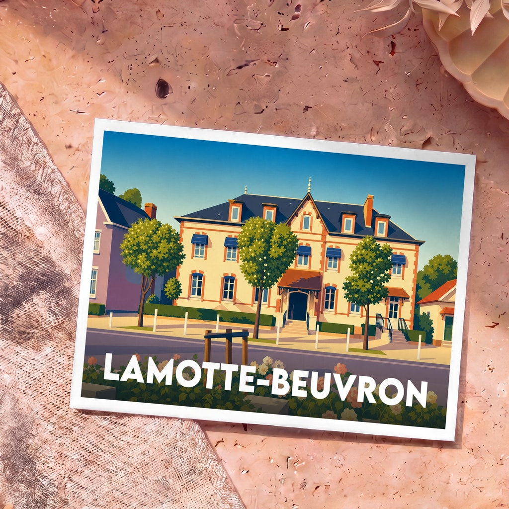 Carte postale souvenir de la ville de Lamotte-Beuvron avec une illustration stylisée d'un bâtiment emblématique.