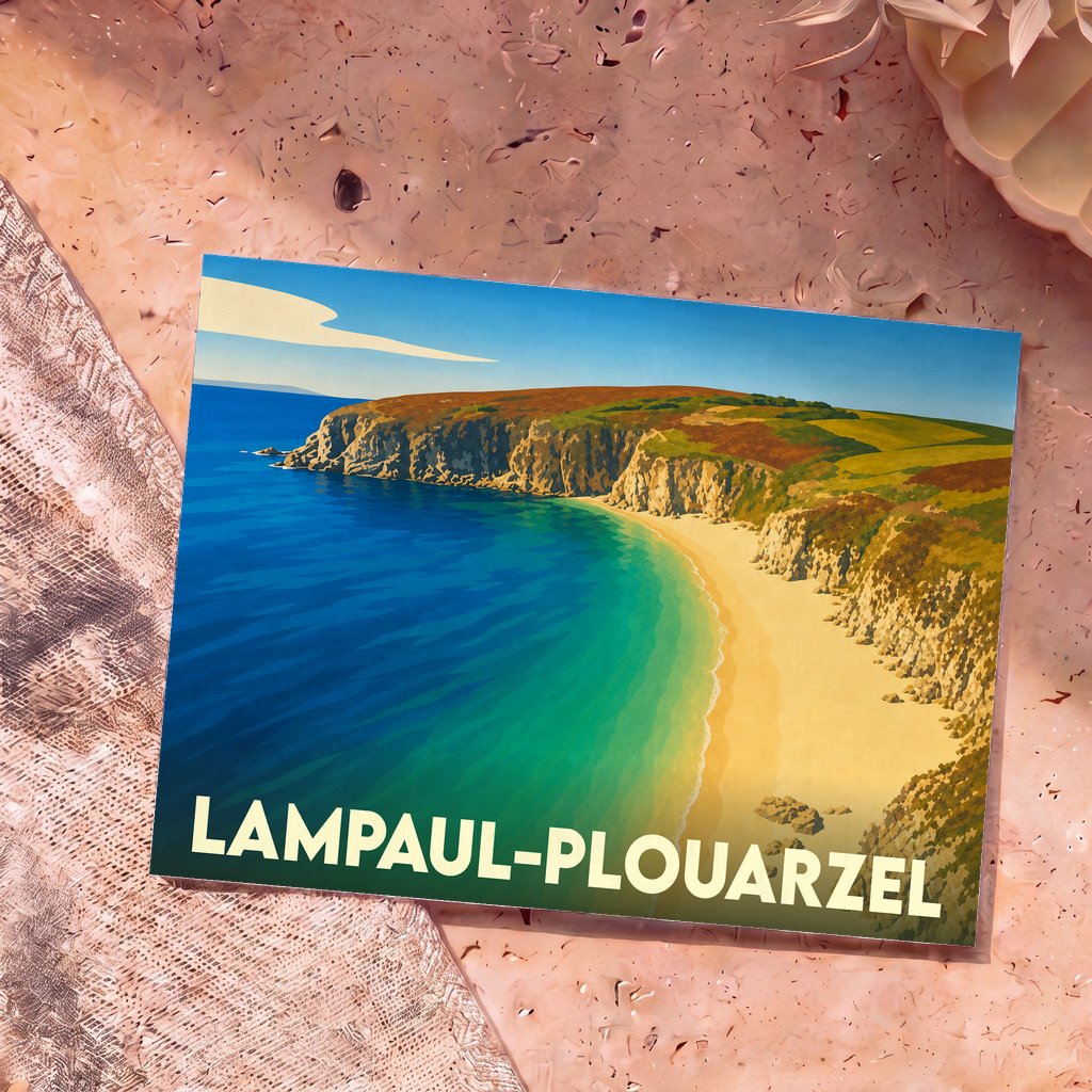 Carte postale souvenir de Lampaul-Plouarzel illustrant une plage et des falaises dans un style graphique épuré.