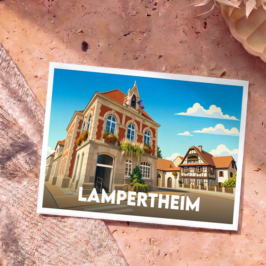 Carte postale souvenir de la ville de Lampertheim avec une illustration stylisée de son architecture typique.