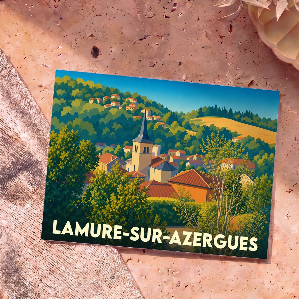 Carte postale souvenir de Lamure-sur-Azergues avec une illustration stylisée et colorée du village.