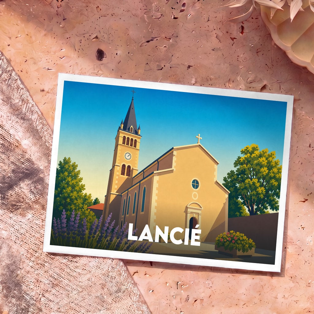 Carte postale souvenir de la ville de Lancié illustrant son église dans un style graphique et coloré.