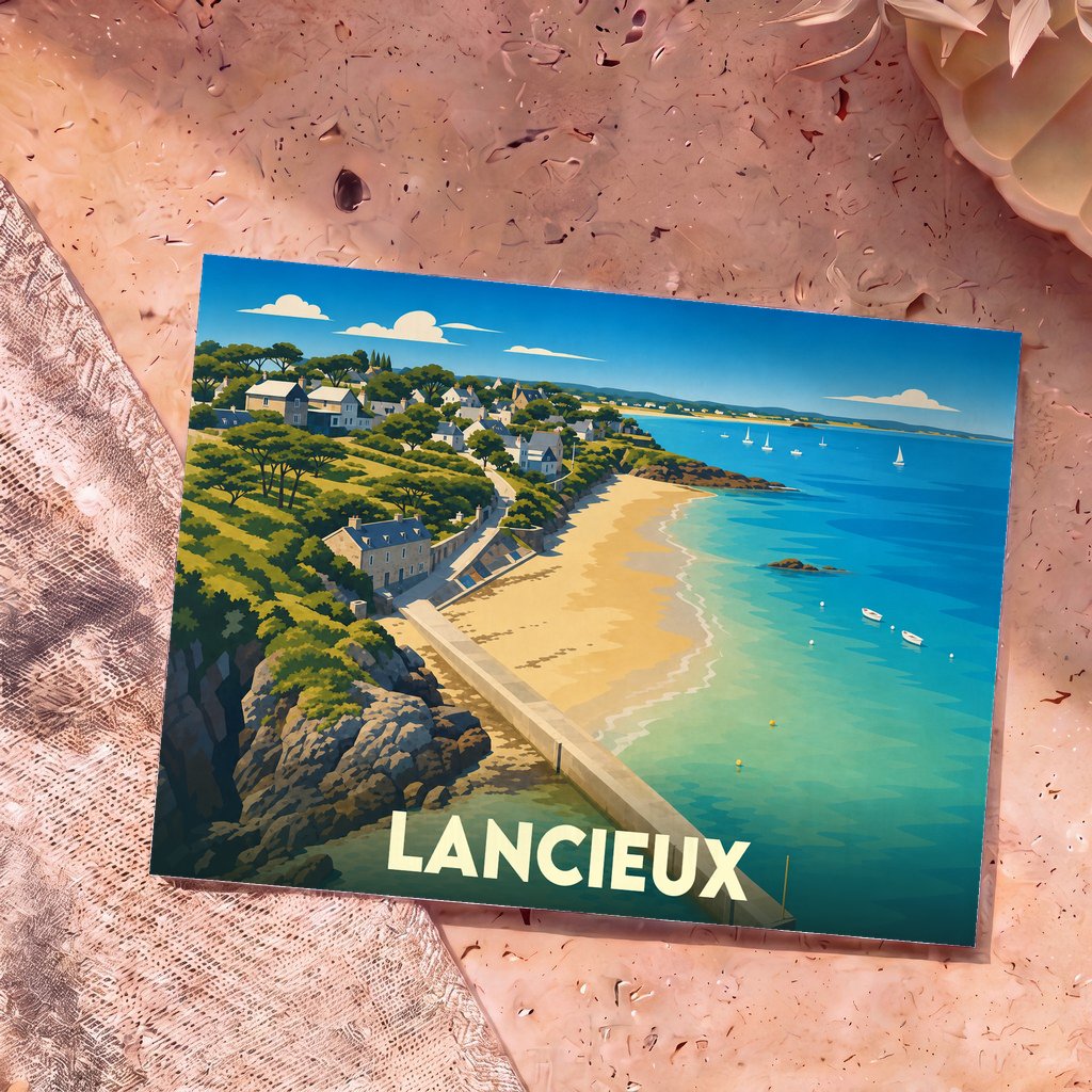 Carte postale souvenir de la ville de Lancieux avec une illustration stylisée de son bord de mer.