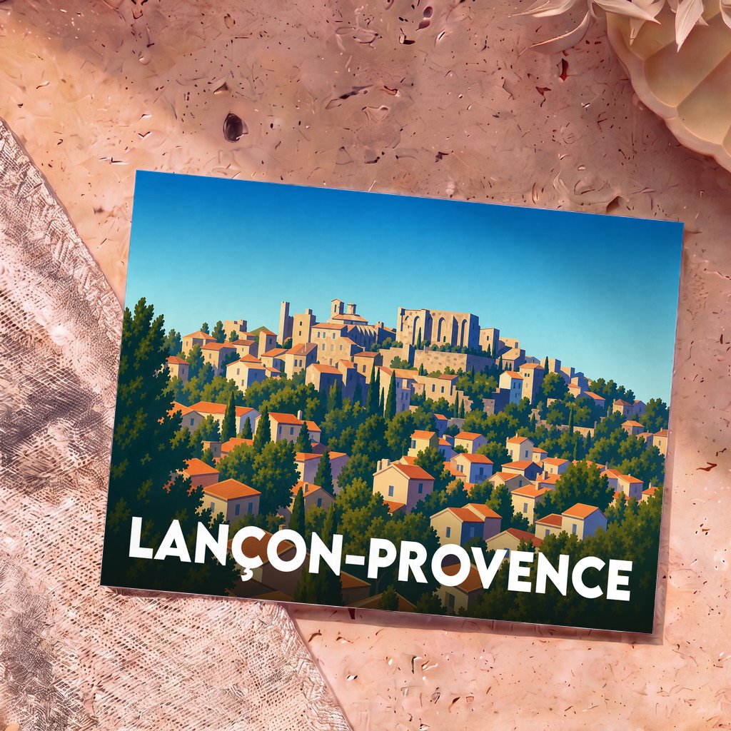 Carte postale souvenir de la ville de Lançon-Provence avec une illustration stylisée.